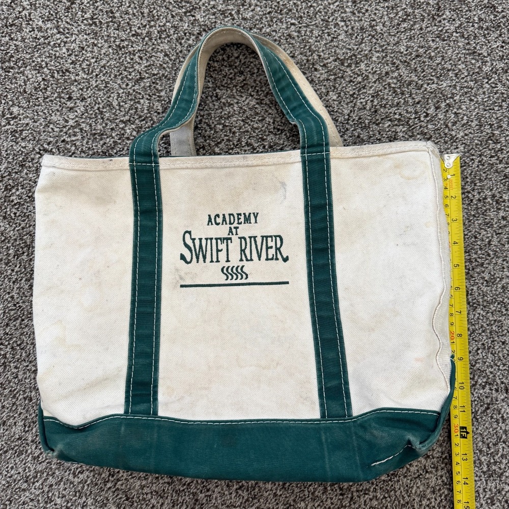 VTG LL Bean Boat and Tote Green White Small Canvas Bag USA 17"x12" Embroidered